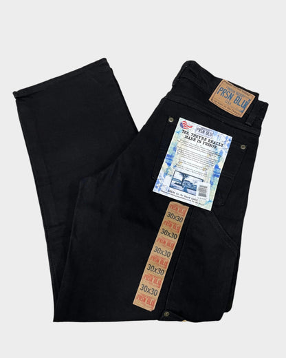 Black denim jeans with 5-pocket design, including 2 front pockets, 2 back pockets, and 1 coin pocket, and double-panel. No suspender buttons. Relaxed fit. 