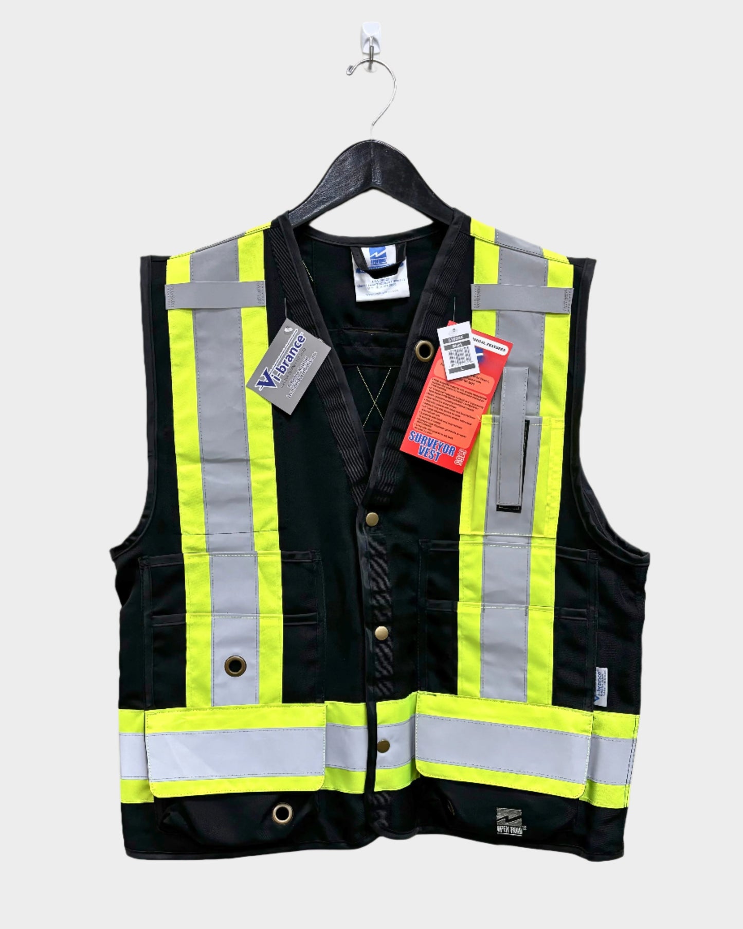 mens safety work vest. High visibility striping and reflective tape.Front pockets.