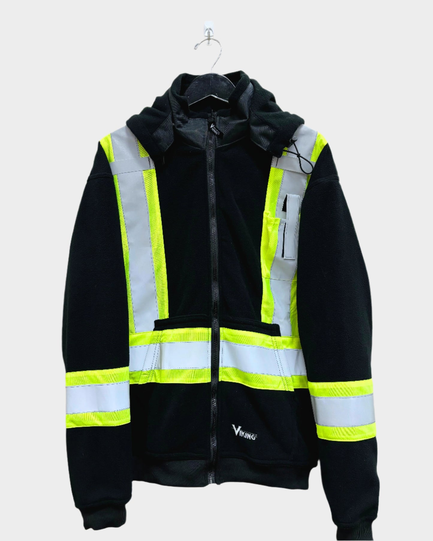 mens safety fleece hoodie in black with high visibility green stipes down both sides of trunk, across abdomen, and across lower arms. Safety reflective stripes on top of high visibility stripes. Two front pockets, hood.