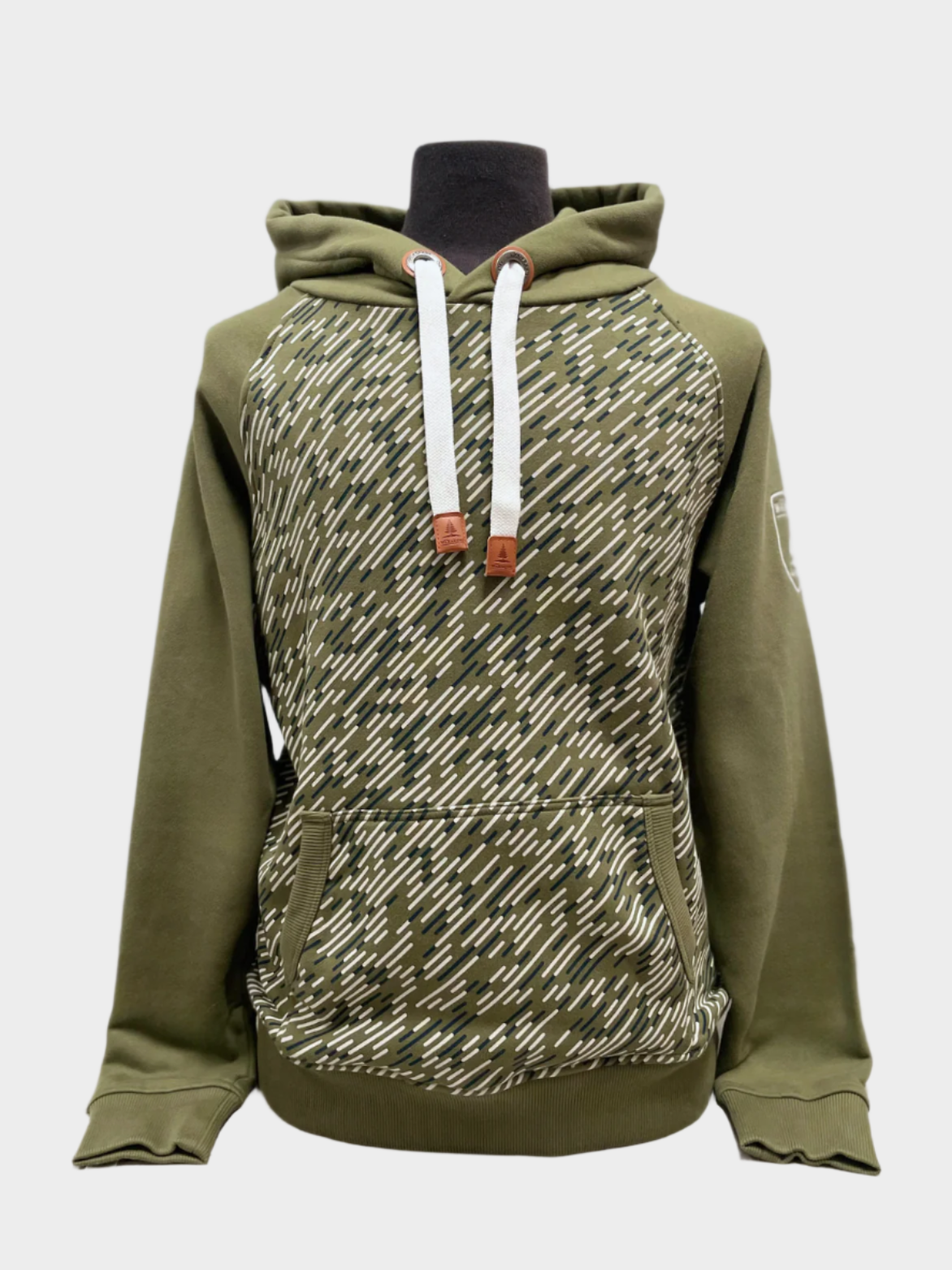 mens pullover hoodie in green with pattern. Front pocket. Hood with drawstrings.