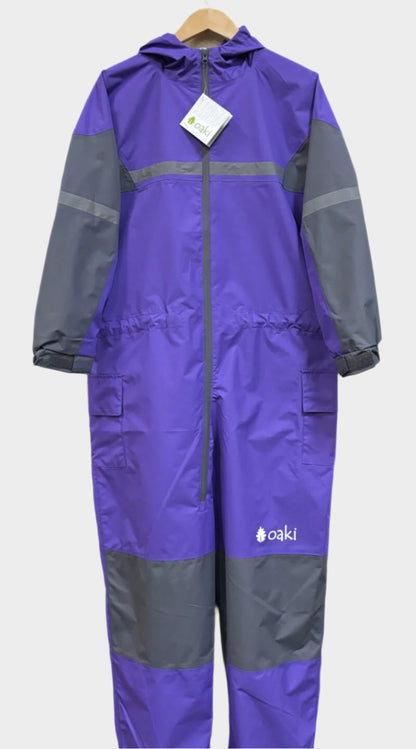 Adult size rain suit in purple, grey on arms and knees. Zipper goes past the waist. Reflective strip across chest. One pocket on each side, adjustable cuffs and waist and hood.