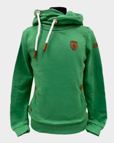 Womens Pullover hoodie with wrap hood and white rope drawstrings. Faux leather details on front side pockets and left chest. Shown in emerald green