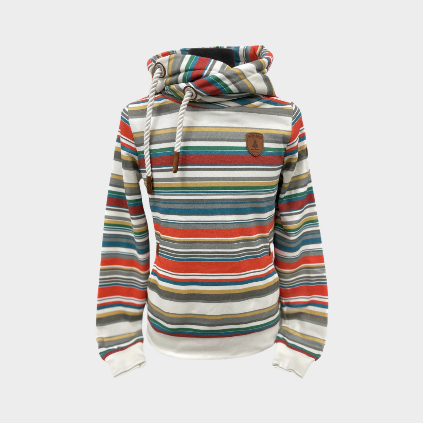 womens pullover hoodie with stripes of multiple colors and varying widths. Leather patch on left chest. Banded cuffs and bottom hem