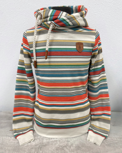 Long Sleeve Hoodie with many stripes of multiple muted colors. Hood has a wrap neck with rope drawstrings. 