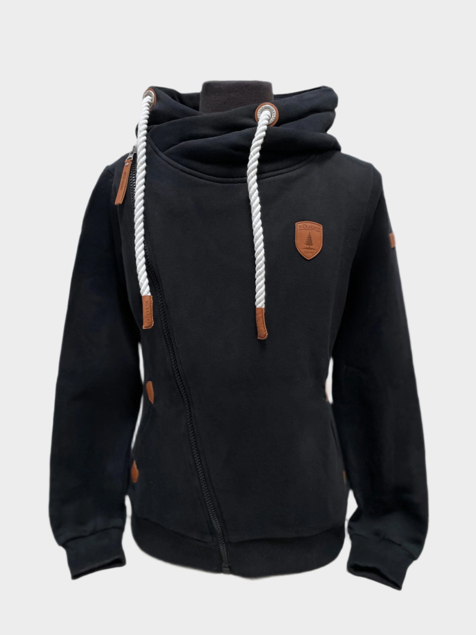 Womens full zip hoodie straight zipper to the right shoulder with white rope cords. side pockets. Shown in black