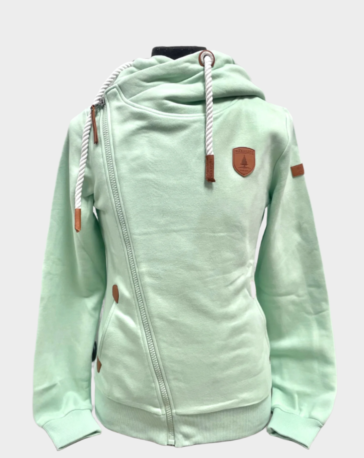 womens full zip hoodie straight zipper to the right shoulder with white rope cords. side pockets. Shown in pale cucumber green