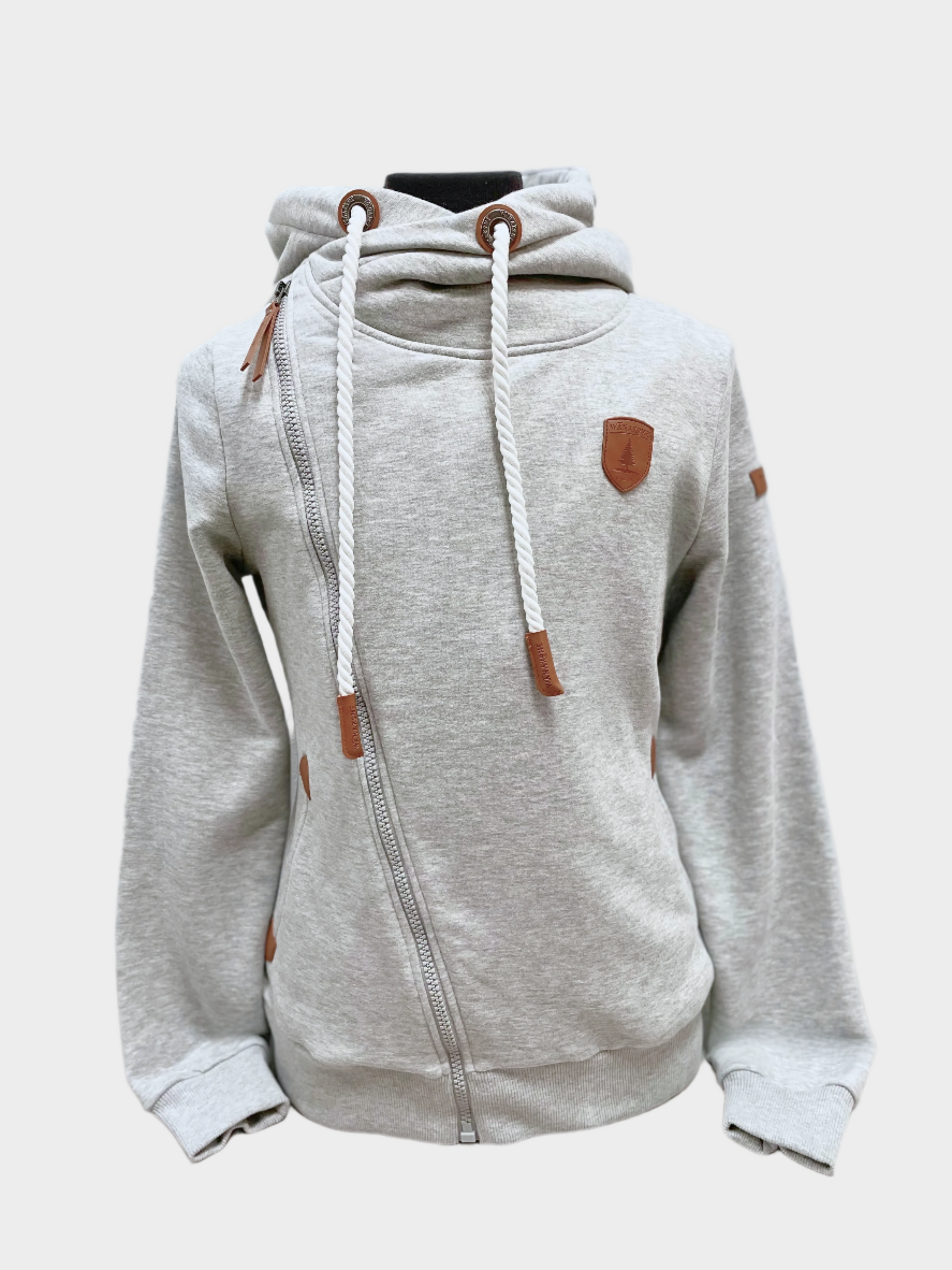 womens full zip hoodie straight zipper to the right shoulder with white rope cords. side pockets. Shown in light heather grey