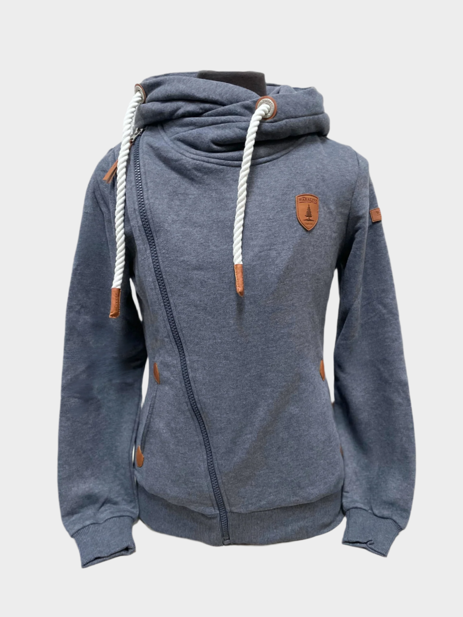 womens full zip hoodie straight zipper to the right shoulder with white rope cords. side pockets. Shown in heathered navy