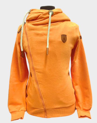 womens full zip hoodie straight zipper to the right shoulder with white rope cords. side pockets. Shown in pale orange