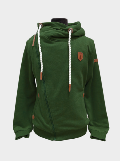 Womens full zip hoodie straight zipper to the right shoulder in deep forest green white rope cords. side pockets. wo