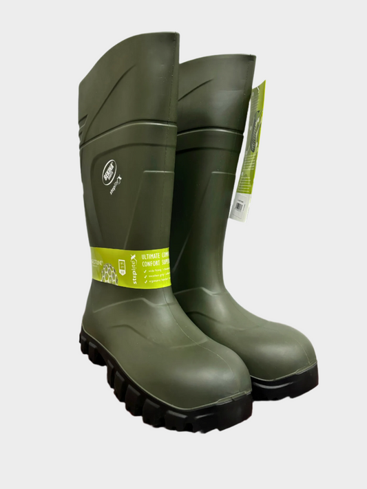 Mens rubber rain work boot. Green rubber rain boot with black sole