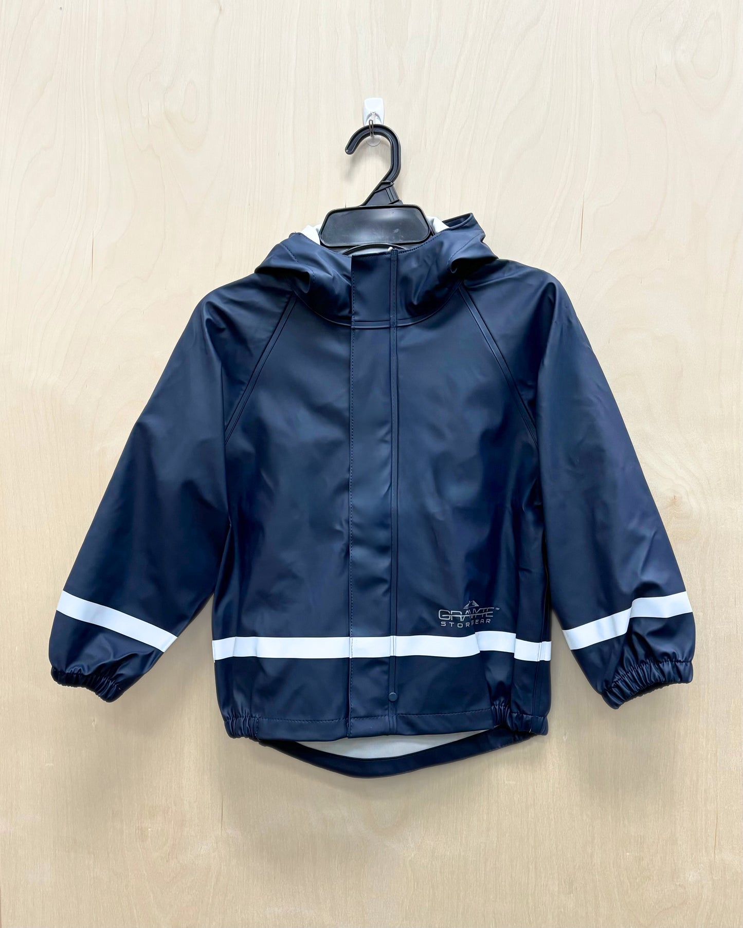 kids dark blue rain jacket with reflective strip across bottom