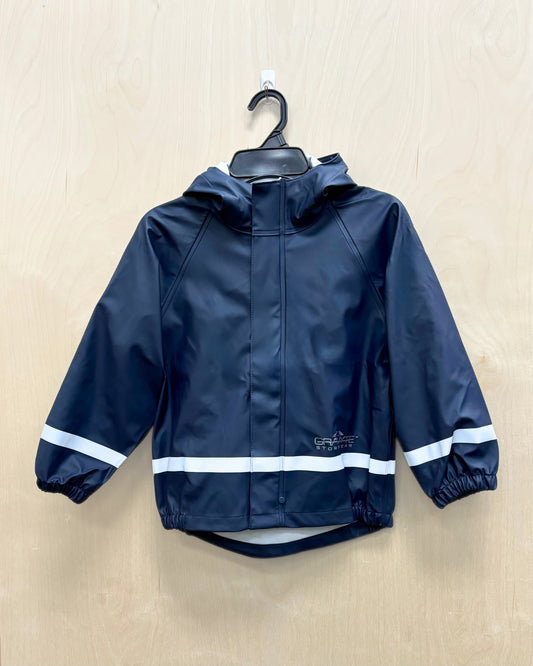 kids solid dark blue PU rain jacket with hood and with reflective strip across wrists and bottom seam. Storm flap over zipper. Elastic waist and wrists. 