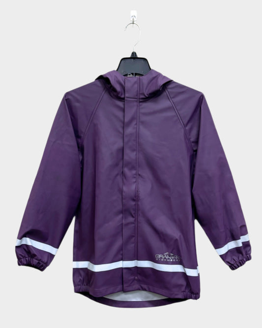 kids solid purple PU rain jacket with reflective strip across wrists and bottom seam. Storm flap over zipper. Elastic waist and wrists. Hood.