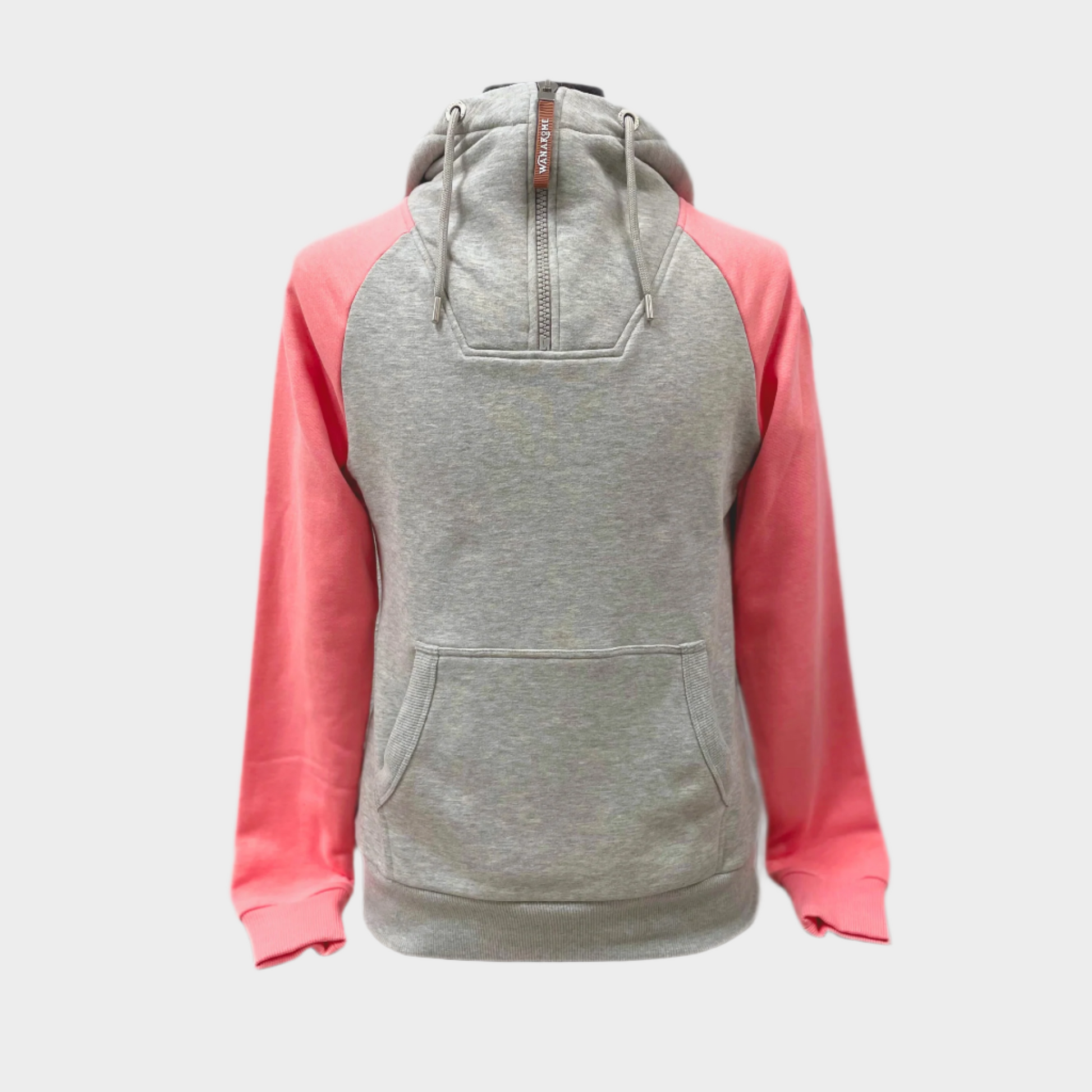 Womens pullover hoodie. Hood with white adjustable drawstrings and vegan leather caps. Quarter zipper. Kangaroo pocket. Brushed French terry interior. Wanakome patch logo embroidered on sleeve. Shown in pink arms and light heather grey trunk and hood, with neck detail.