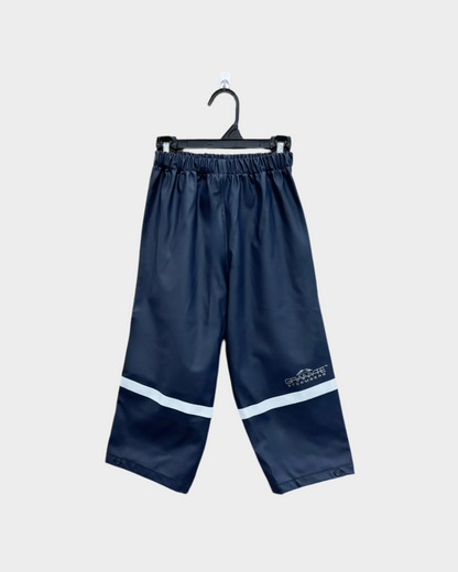 kids dark blue PU rain pants with reflective strip across lower legs. Button on ankle seams. Elastic waist.