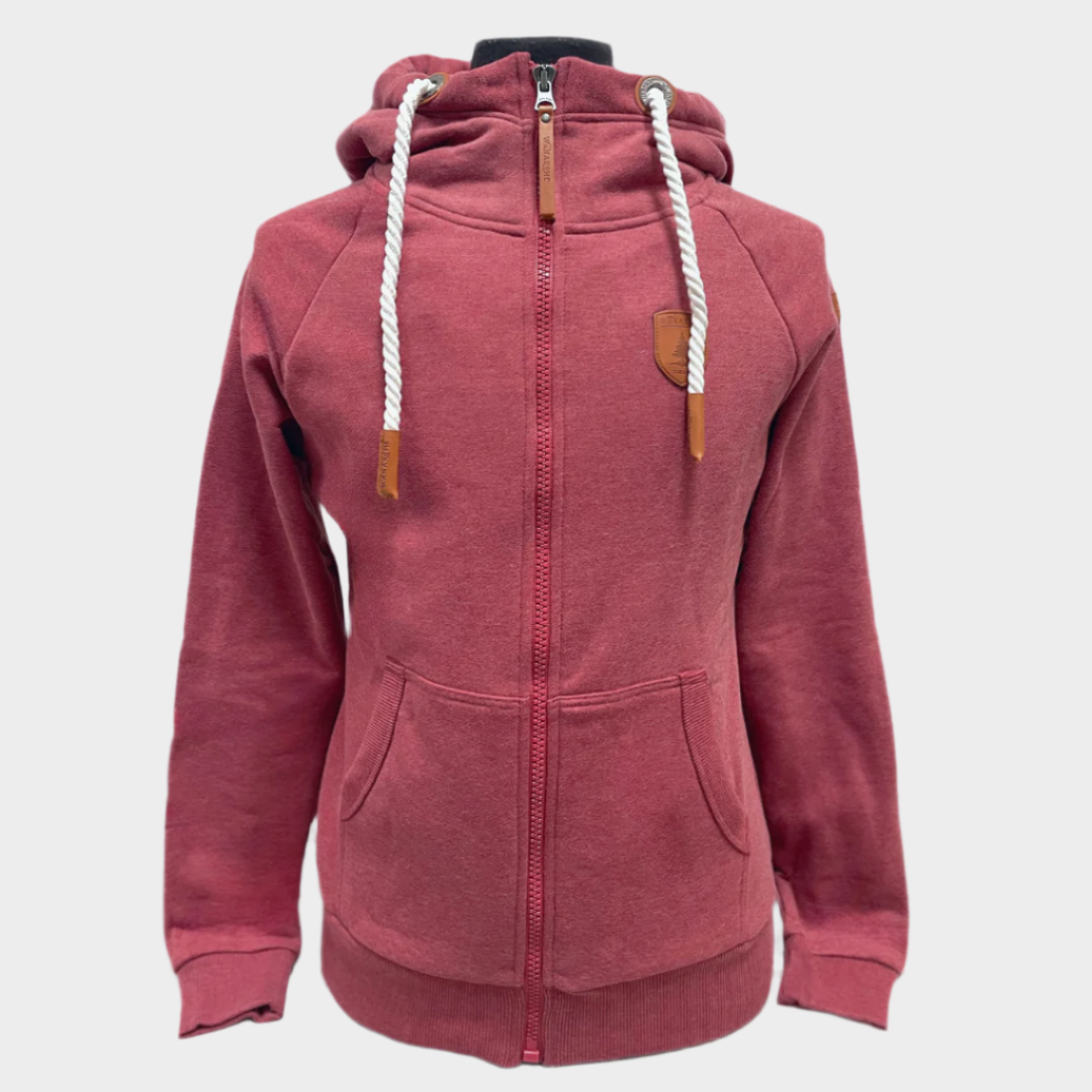 Womens Full zip hoodie with cowl neck. White rope drawstrings. Front side pockets. Leather patch on left chest and shoulder. ribbed wrist cuffs and bottom hem. Shown in berry, a maroon color