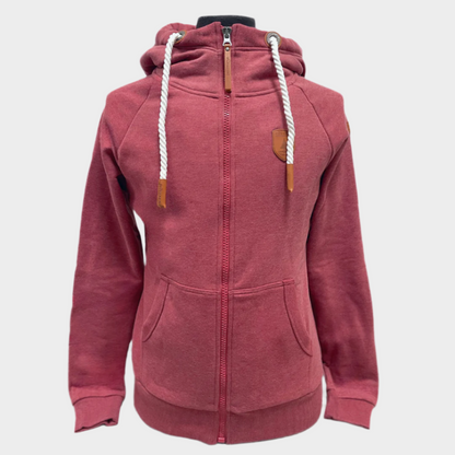 Womens Full zip hoodie with cowl neck. White rope drawstrings. Front side pockets. Leather patch on left chest and shoulder. ribbed wrist cuffs and bottom hem. Shown in berry, a maroon color