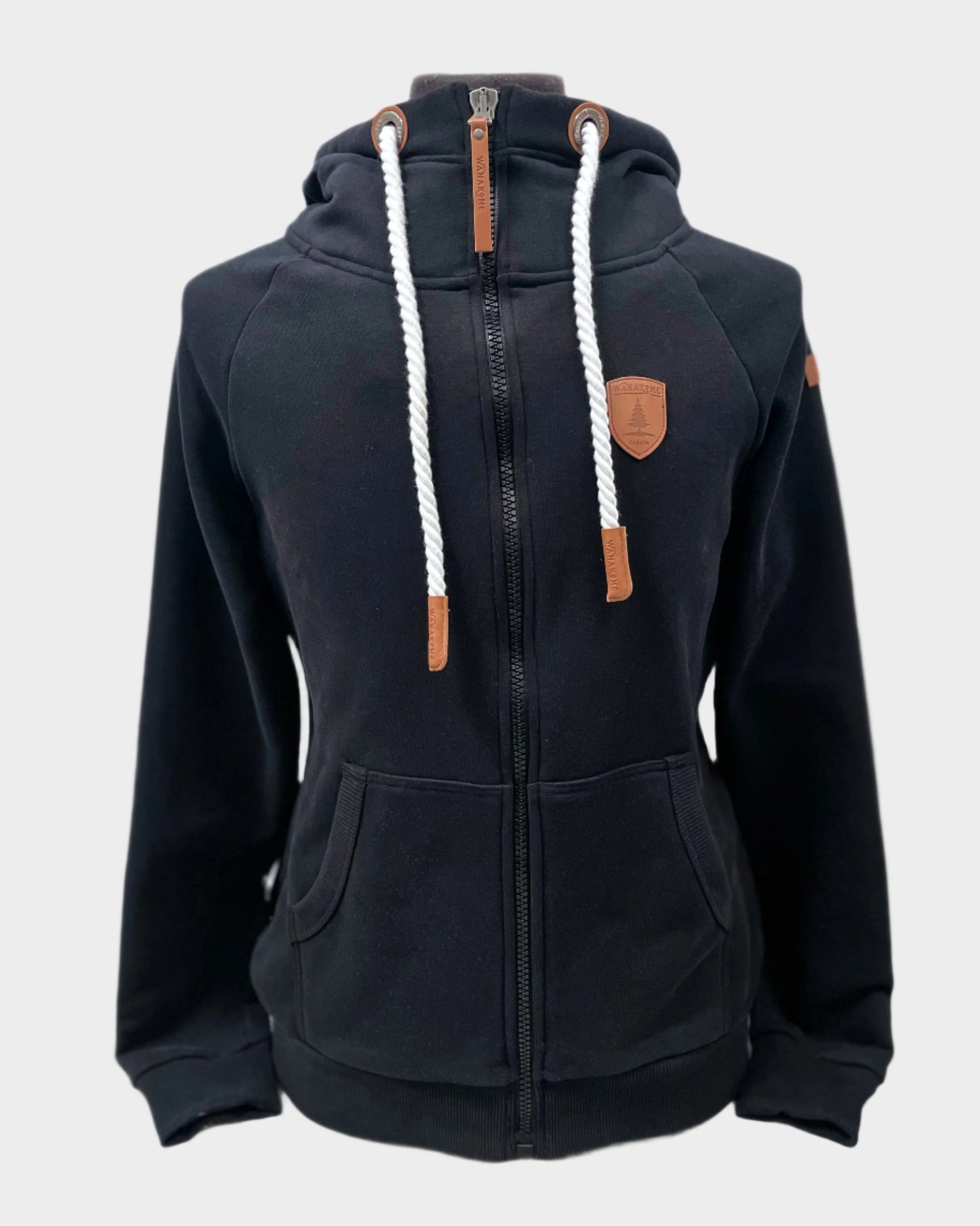 Womens Full zip hoodie with cowl neck. White rope drawstrings. Front side pockets. Leather patch on left chest and shoulder. ribbed wrist cuffs and bottom hem. Shown in black.