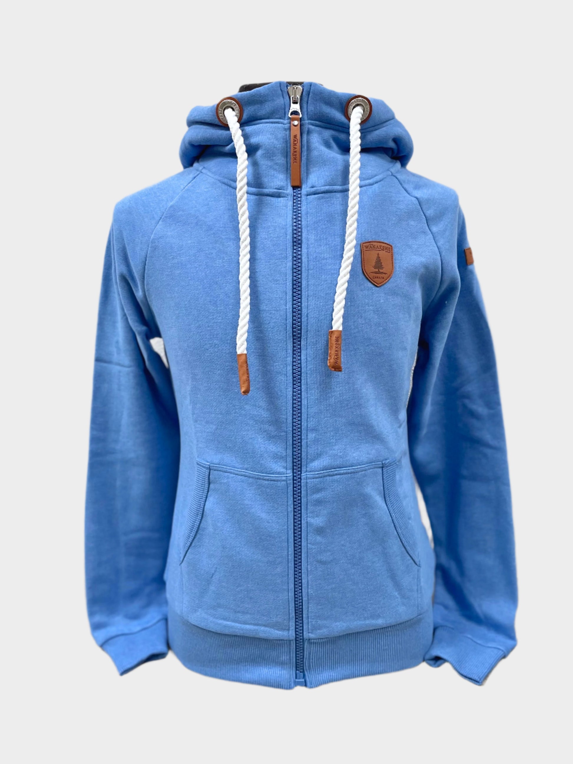 Womens Full zip hoodie with cowl neck. White rope drawstrings. Front side pockets. Leather patch on left chest and shoulder. ribbed wrist cuffs and bottom hem. Shown in cobalt a bright blue