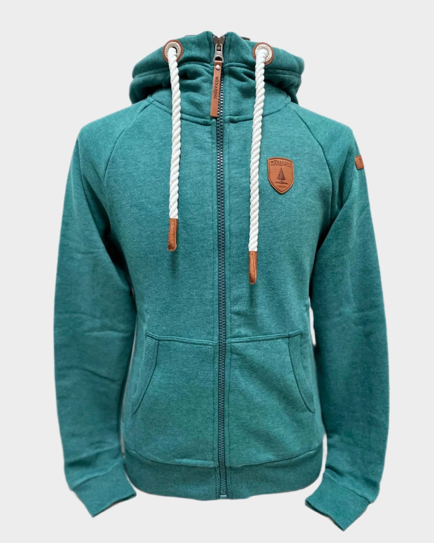 Womens Full zip hoodie with cowl neck. White rope drawstrings. Front side pockets. Leather patch on left chest and shoulder. ribbed wrist cuffs and bottom hem. Shown in mallard, a darker teal