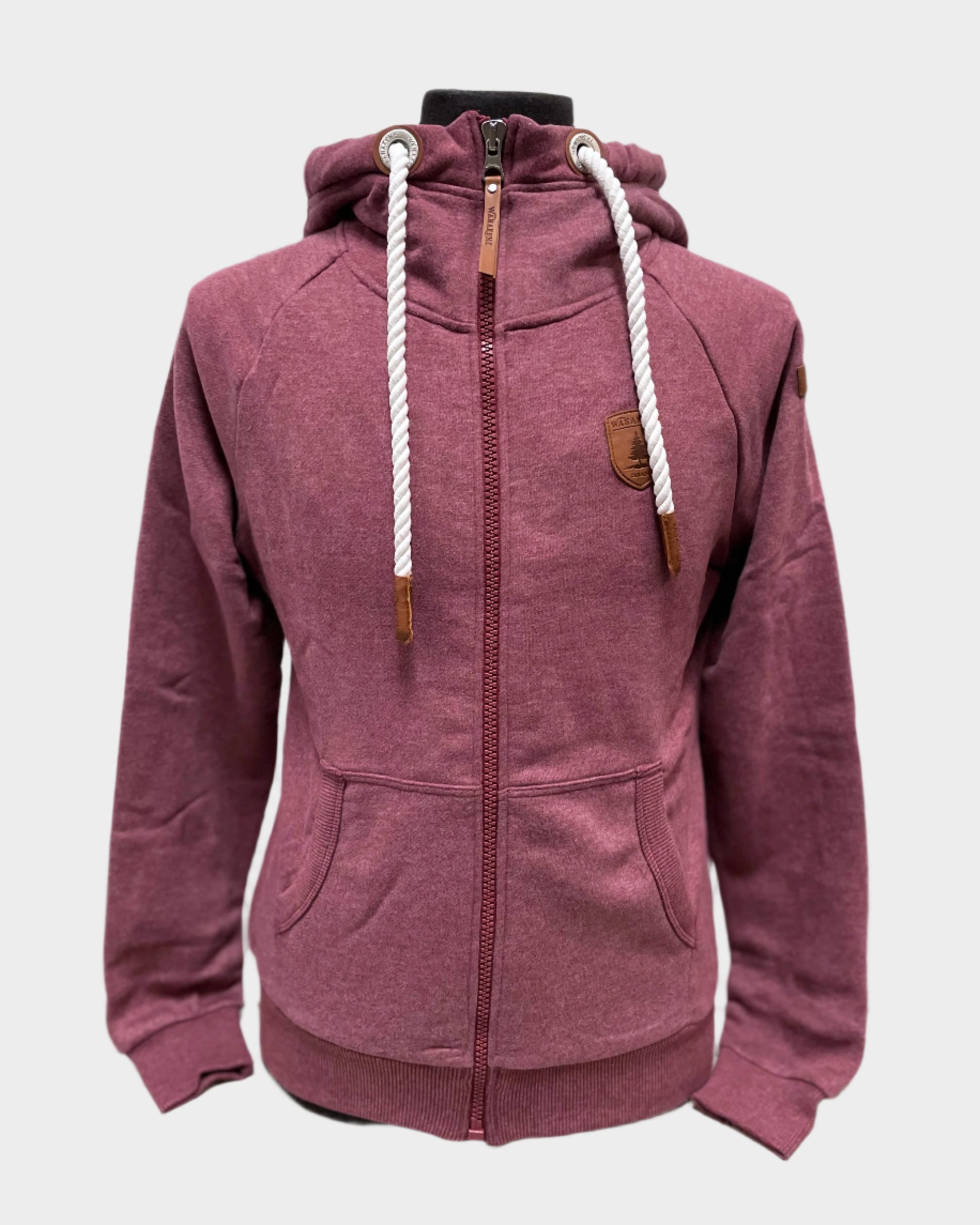 Womens Full zip hoodie with cowl neck. White rope drawstrings. Front side pockets. Leather patch on left chest and shoulder. ribbed wrist cuffs and bottom hem. Shown in merlot, a darker burgundy. 