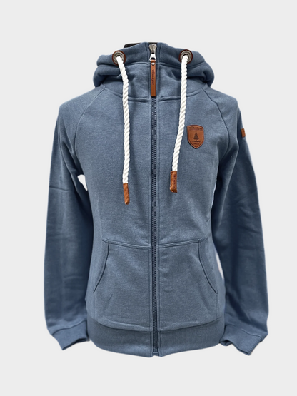 Womens Full zip hoodie with cowl neck. White rope drawstrings. Front side pockets. Leather patch on left chest and shoulder. ribbed wrist cuffs and bottom hem. Shown in heathered navy.