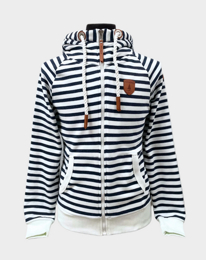 Womens Full zip hoodie with cowl neck. White rope drawstrings. Front side pockets. Leather patch on left chest and shoulder. ribbed wrist cuffs and bottom hem. Shown in navy and white stripes.