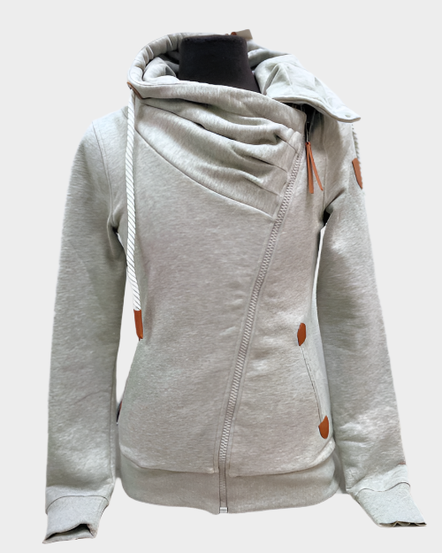 womens full zip sweater diagonal to top left shoulder sweater with cowl and no hood. white rope drawstrings. Faux details on shoulder and front pockets. Shown in light heater grey