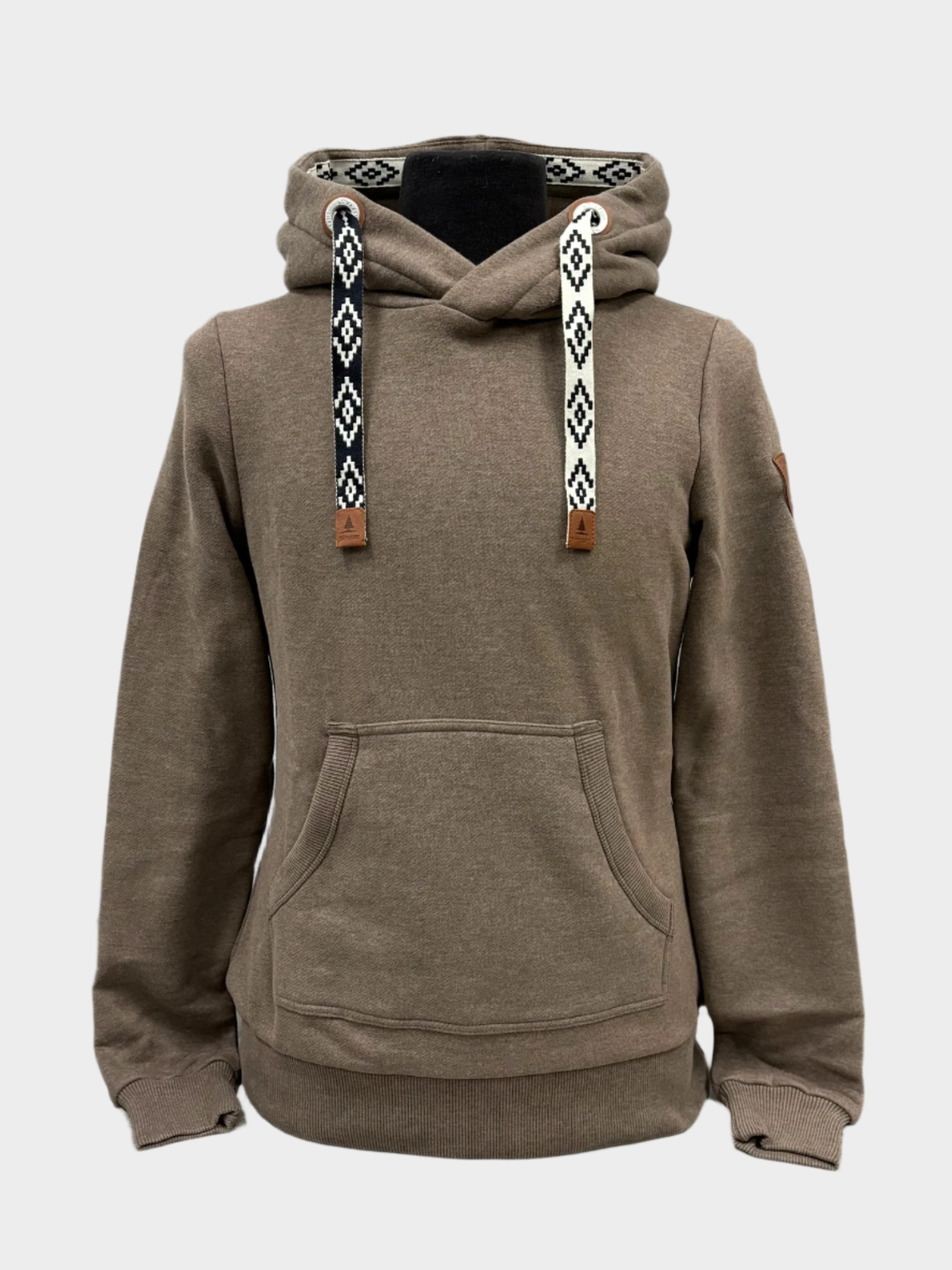 womens pullover hoodie with kangaroo pocket. geometric design on inside hood hem and drawstrings. Faux leather detail on shoulder and drawstrings.