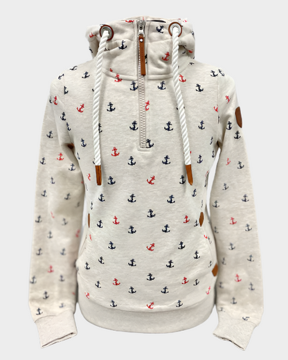 Womens pullover hoodie with half zip with white drawstrings. Front side pockets. Faux leather detail on shoulder, zipper, and pockets. Shown in Ivy Anchor. Oatmeal with small red and blue anchors.