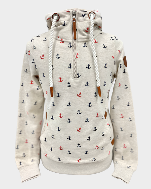 Womens pullover hoodie with half zip with white drawstrings. Front side pockets. Faux leather detail on shoulder, zipper, and pockets. Shown in Ivy Anchor. Oatmeal with small red and blue anchors.