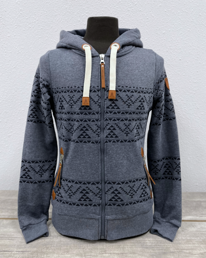 full zip hoodie navy blue with geometric pattern