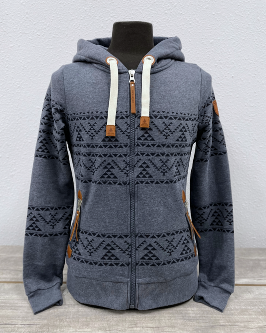 full zip hoodie navy blue with geometric pattern