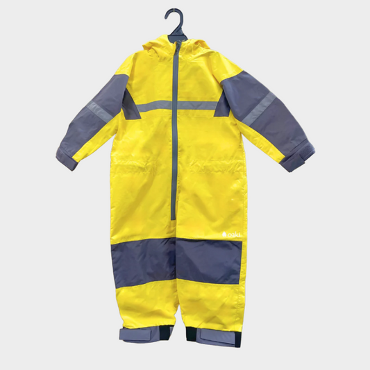 Kids rain suit with attached hood, grey color blocking on top of arms and across shins with safety reflective strips.