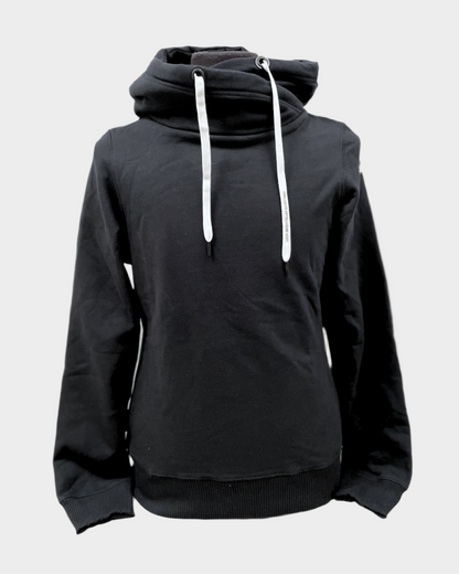 Womens pullover hoodie with wrap hood and white flat drawstrings. Has side pockets. Shown in black