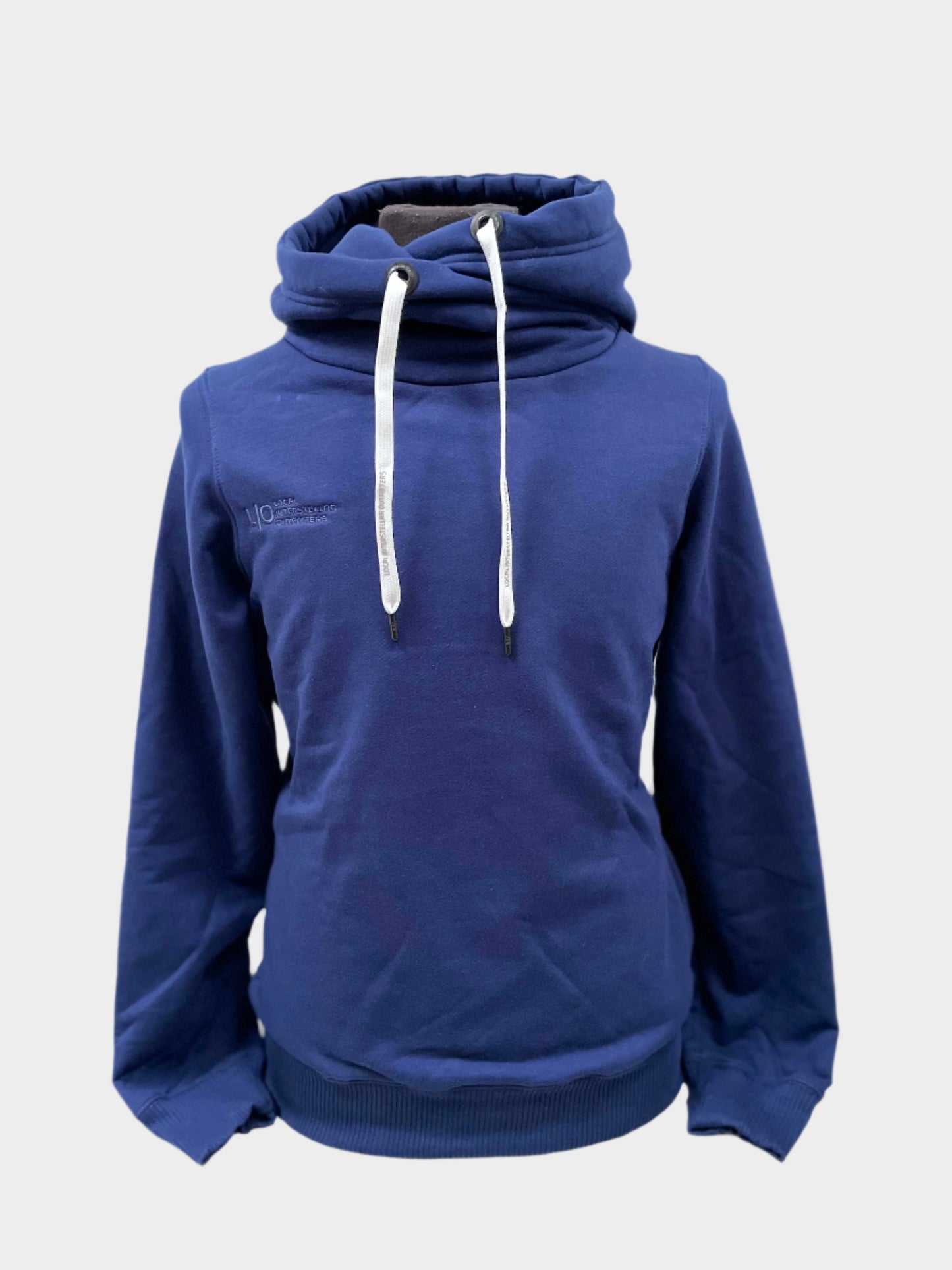 Womens pullover hoodie with wrap hood and white flat drawstrings. Has side pockets. Shown in blue