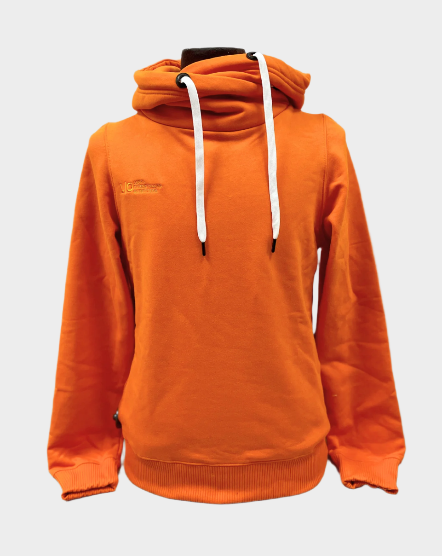 Unisex pullover hoodie with wrap hood and white drawstrings. Embroidered left chest LIO Local Interstellar Outfitters logo on left chest. Has side pockets. Shown in orange. 