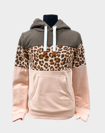 Printed womens pullover hoodie with front kangaroo pocket, ribbed wrist cuffs and bottom hem.