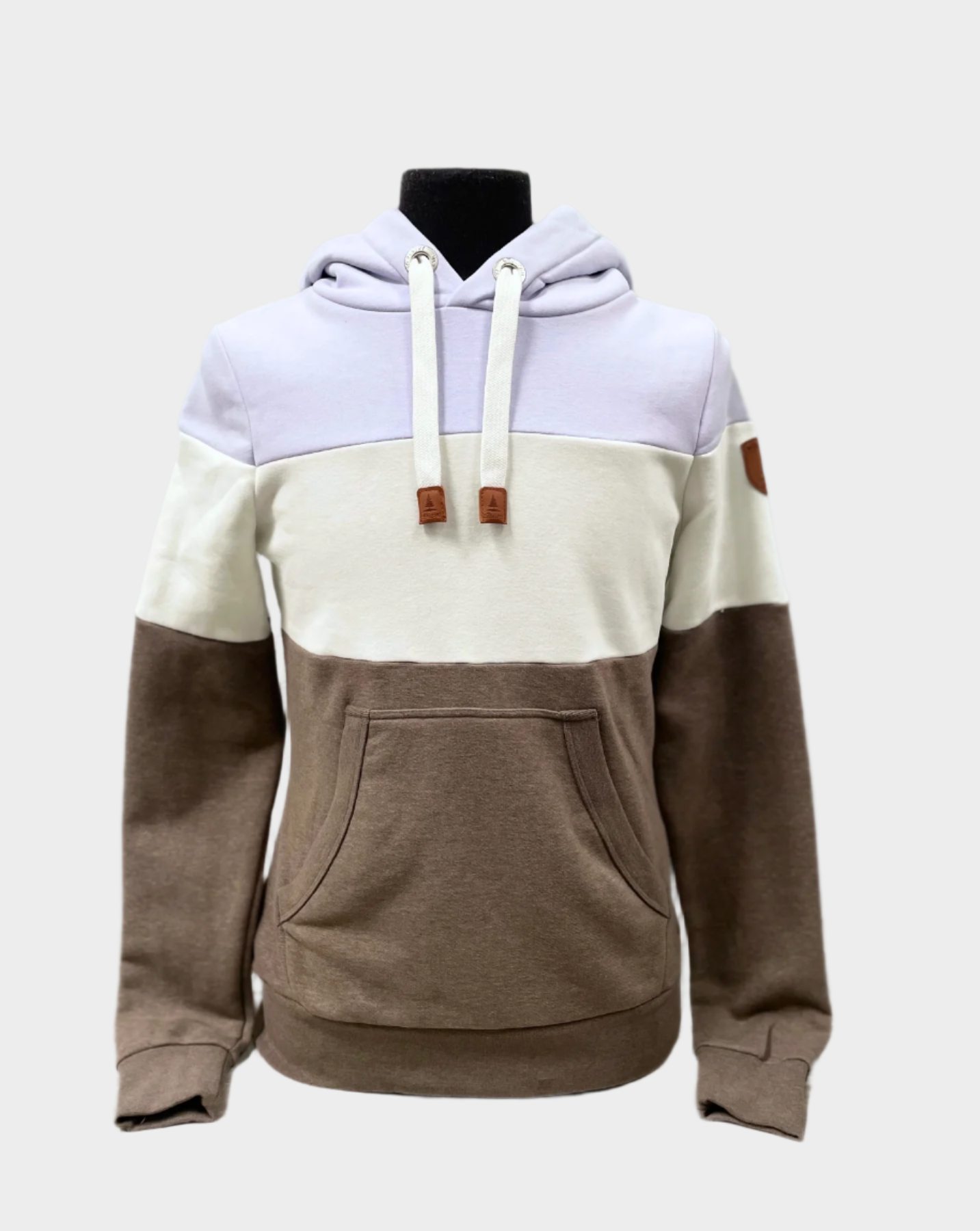 Womens Pullover hoodie with flat drawstrings and kangaroo pocket. Shown in color block, top third in light purple, middle in cream, and bottom is dark brown. 