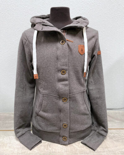 full zip hoodie with button flap and thumbholes