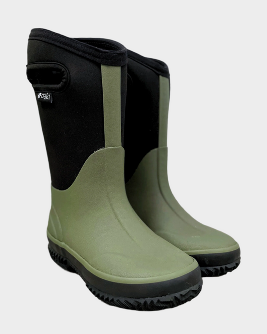 kids neoprene boots with cutout handles green with black panels