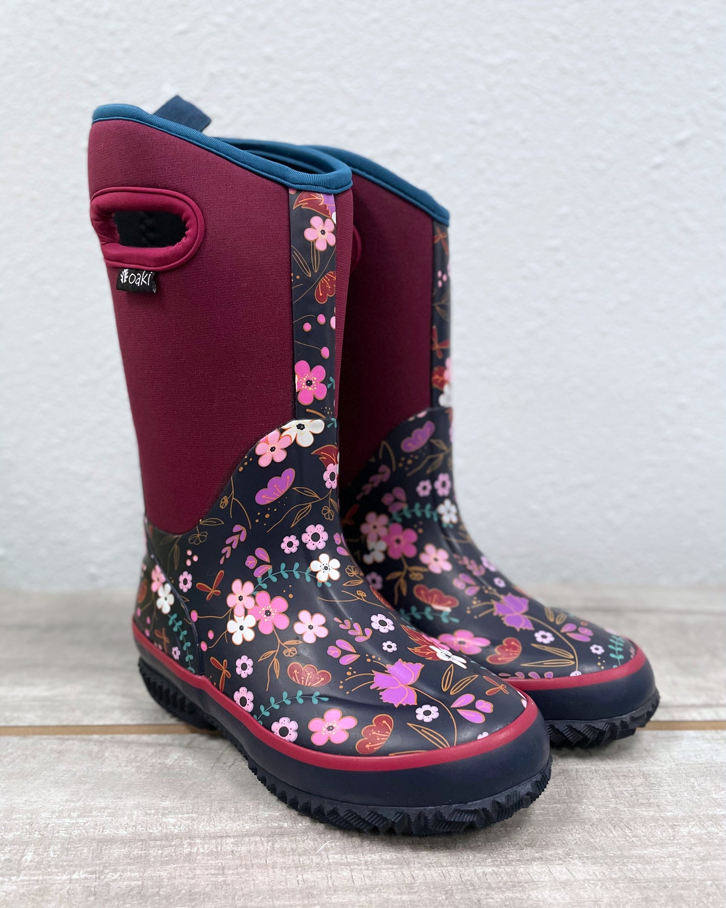 kids neoprene boots with cutout handles purple floral