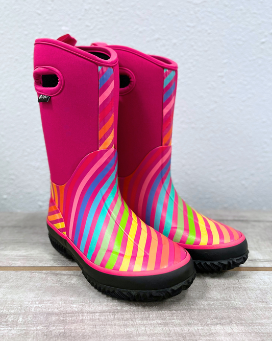 kids neoprene boots pink rainbow stripes