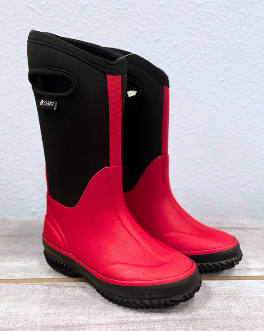 kids neoprene boots with cutout handles red with black panels