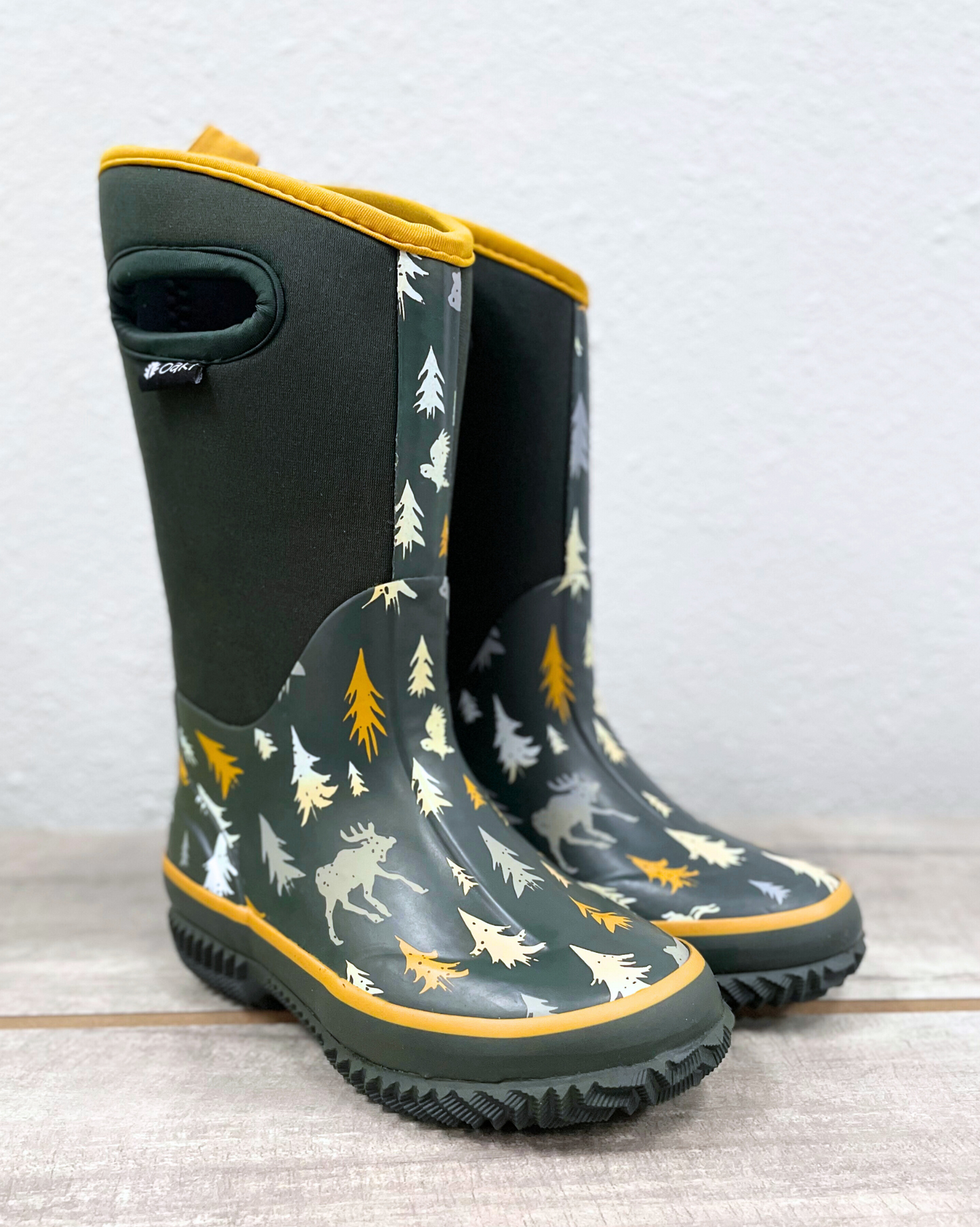 kids neoprene boots gray tree and moose pattern