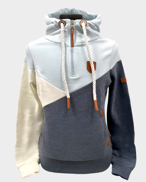 womens quarter zip hoodie with white drawstrings. Front side pockets. Faux leather details on drawstrings, shoulder, chest and zipper.