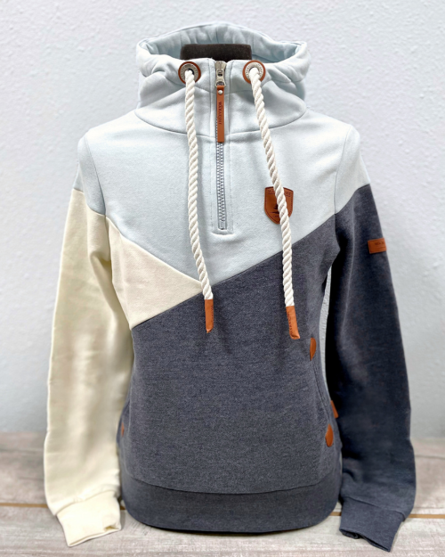 quarter zip hoodie dark navy light blue and cream color block