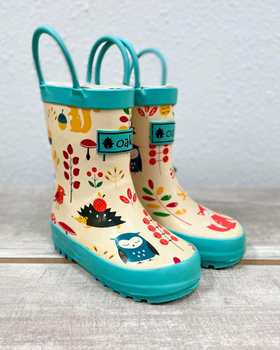 kids rubber rain boots cream forest animals