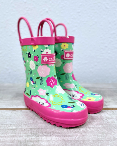 kids rubber rain boots green floral